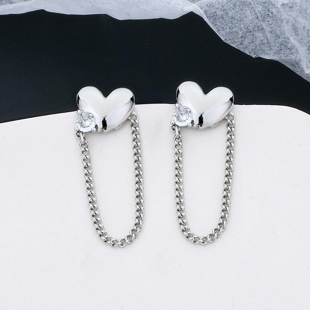 Metal Flash Diamond Chain Love Earrings Cute Girl Personality Punk Heart Earrings Medium And Long Flow Ins