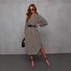 European and American Women's V-Neck Striped Belt Shirt Dress - Autumn 2025 Fashion