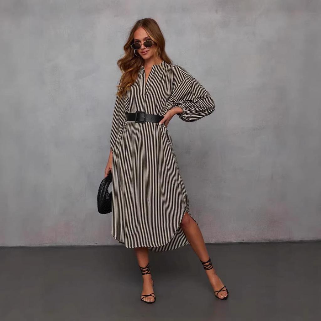 European and American Women's V-Neck Striped Belt Shirt Dress - Autumn 2025 Fashion