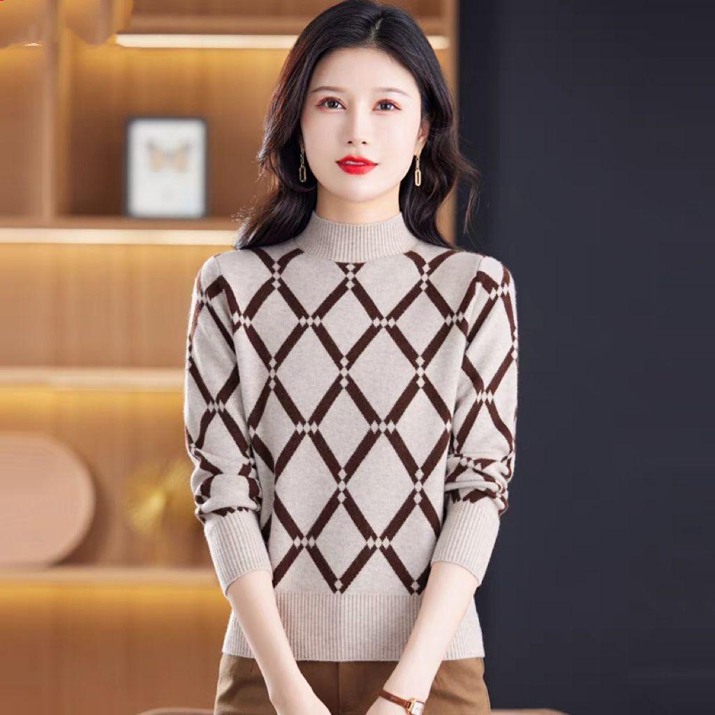 Winter Locker sitzender Pullover Spleißen Halber hoher Kragen Dicker Pullover Damen Jacquardstrick Basis