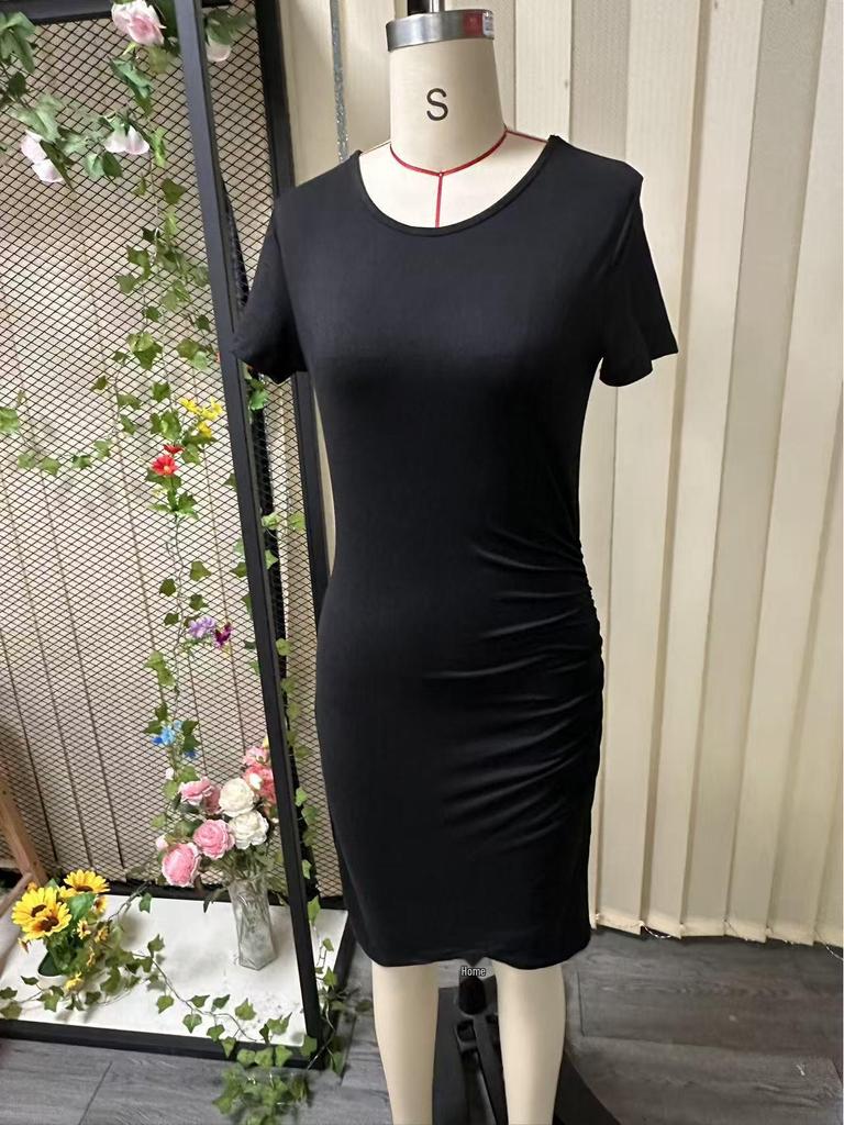 2026 European & American Women's Waist-Cinching Round Neck Hip-Hugging Short Sleeve Solid Color Sexy Dress