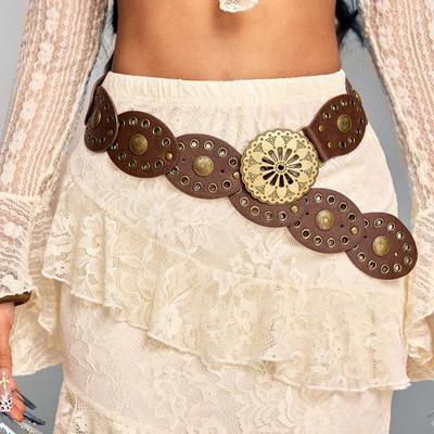 1 Stück Damen Hohlblumen-Knopfdekor Brauner Ovaler Lederkreis Metallöse Schnalle Gürtel, Böhmischer Westlicher Stil, Vielseitig für Kleid, Jeans