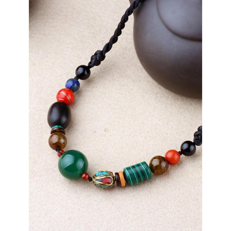 GEMCHIC Women's Vintage Bohemian Green Agate Necklace Ethnic Style Beaded Choker Collarbone Chain Jewelry