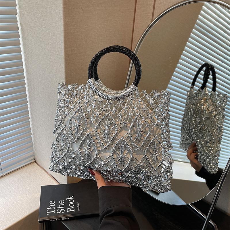 French Light Luxury Woven Bag Fashion Hollow Handbag Niche Design Round Hand-held Square Bags Versatile Gold Silver Holiday Bags