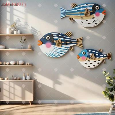 3 pièces/set Art Océanique en Bois Poissons de Mer en Bois Coquillages Étoiles de Mer Décoration Murale Salon Chambre à Coucher