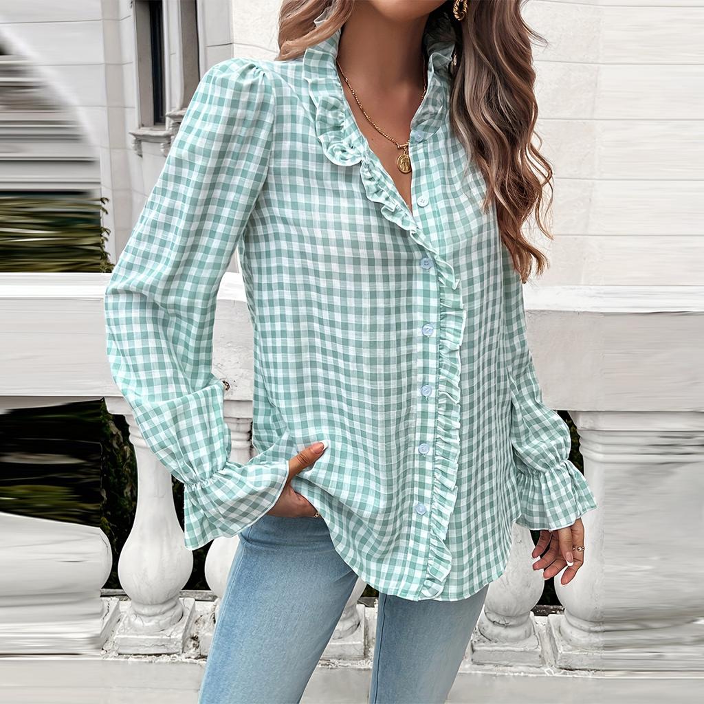 Camisa de Cuadros con Cuello en V para Mujer Camisa con Volantes Top de Manga Larga