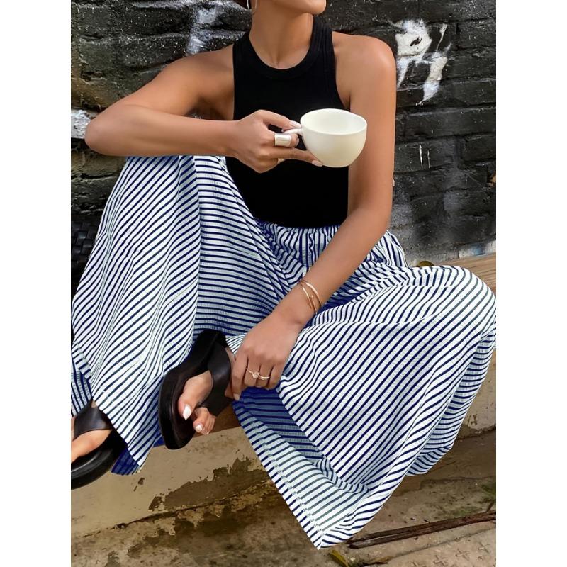 Fashion Striped Elastic Waist Straight Leg Wide Leg Pants Women Elegant Casual Loose Long Pants Spring Autumn Printed Simple Clothing