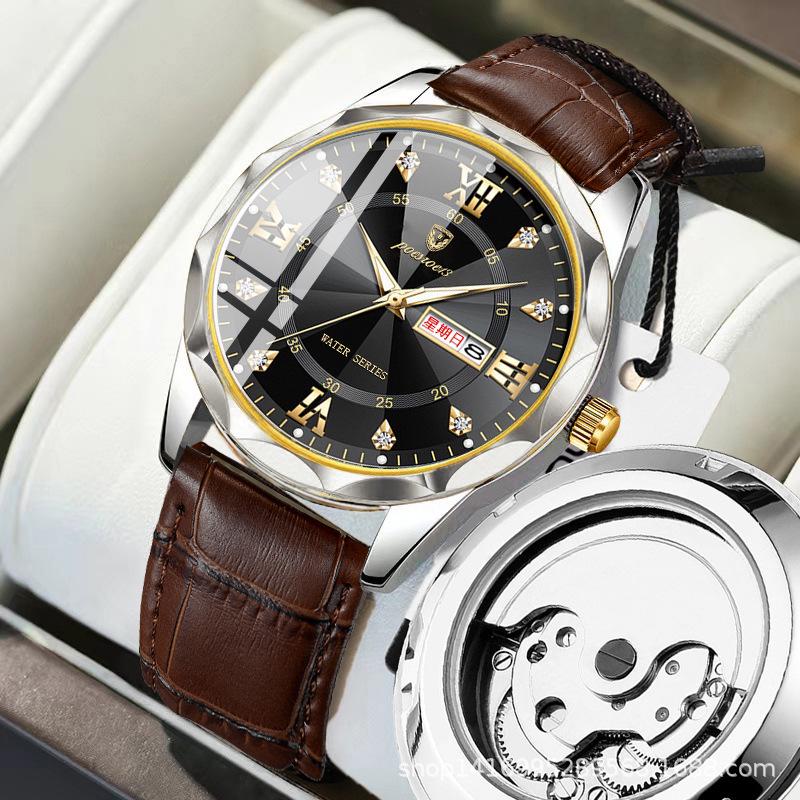 Lysende automatisk mekanisk klokke for menn med dobbel kalender, skjelettdesign, fasjonabelt belte og vanntett kvarts.