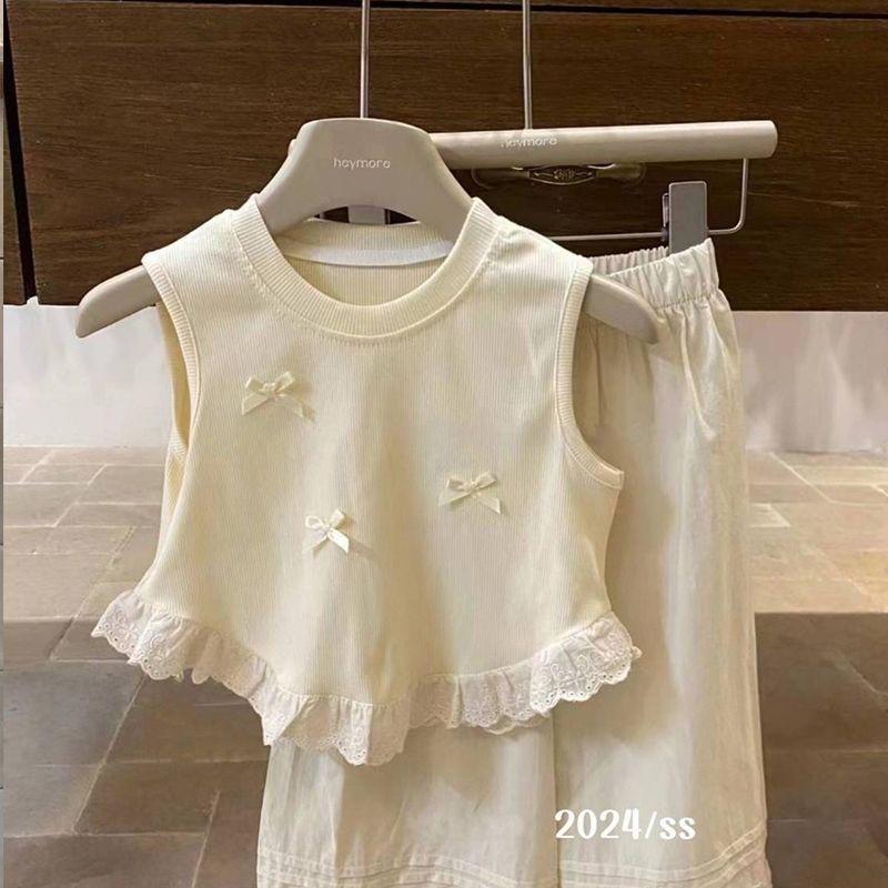 Girls Cute 3D Bow Lace Hem Sleeveless Tank Top, Kids Round Neck Cropped Vest 3 Colors