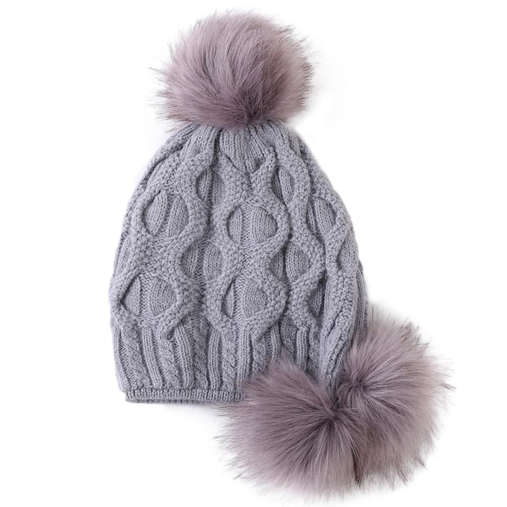 Women Knitted Cap Warm Woolen Hat with Plush Fuzzy Balls for Autumn Winter