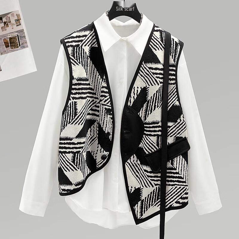 Sibaishai Women's Fashion Patchwork Single-Breasted Round Neck Vest