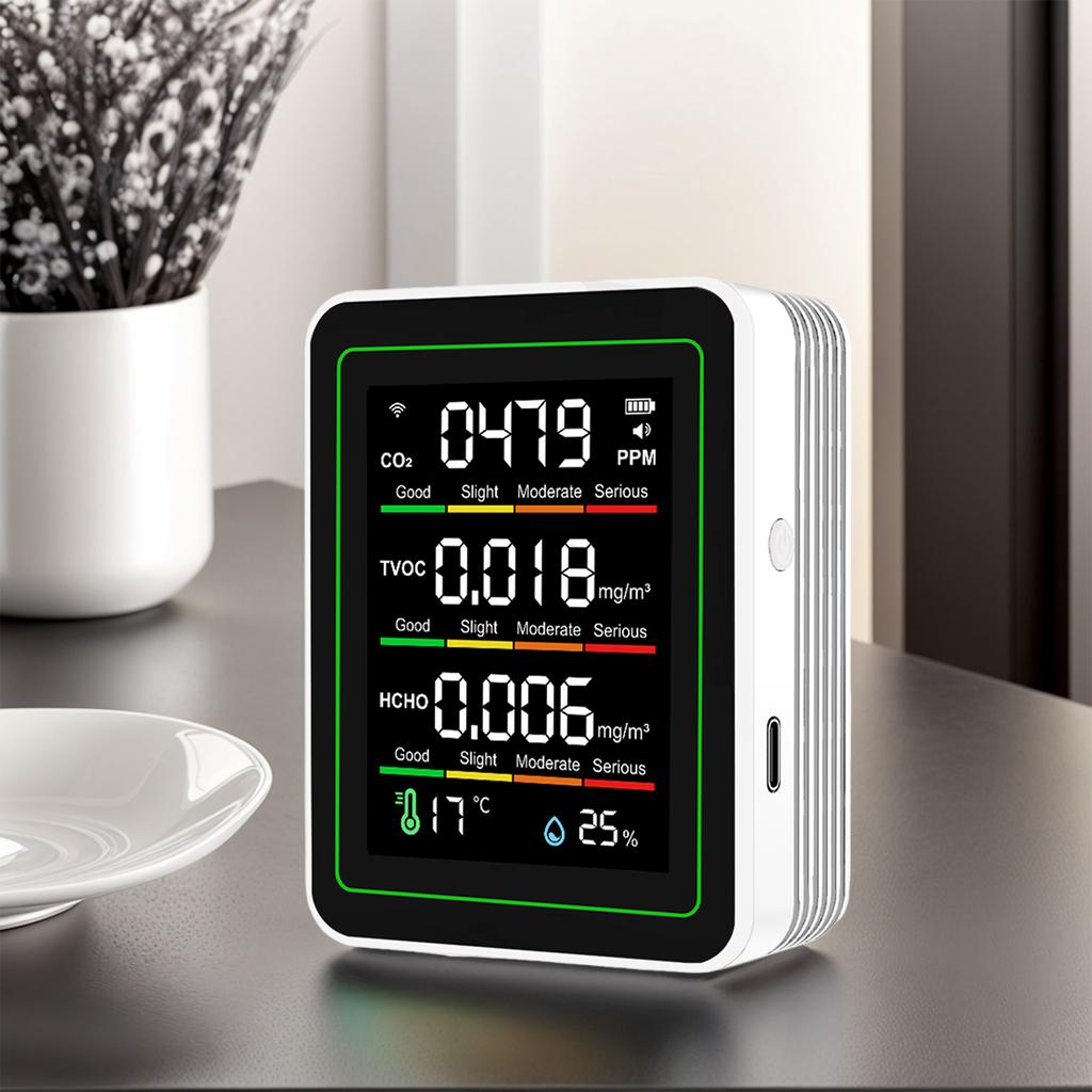 5-in-1 Indoor Air Quality Monitor Temperature Humidity Detector CO2 TVOC HCHO Tester Air Quality Detector for Home Office