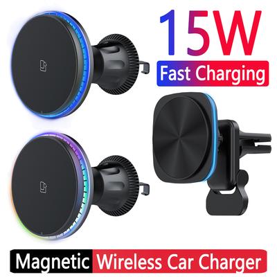 15W magnetická bezdrátová nabíječka s modrým LED/RGB světlem do auta, držák telefonu do větrací mřížky pro iPhone 11 12 13 14 Pro Max XR XS