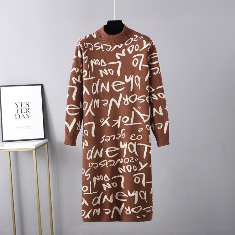 

Vintage Women High Neck Long Sleeve Knitted Pullover Sweater Dress Graffiti Letter Autumn Winter OneSize хаки