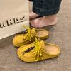 Fashion Retro Suede Fabric Slippers Women's Summer Beaded Casual Flat Shoes 2025 New Thick Slip on Mueller Slides Female Daily Loafers