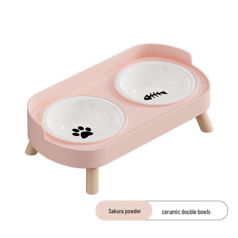Cross-Border Stainless Steel & Ceramic Dual Cat & Dog Bowl: Anti-Tip, Splash-Proof, Neck Protection Design for Food & Water.