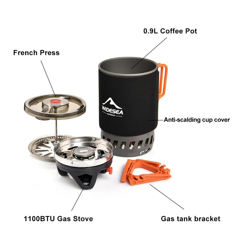 Set Caffettiera Portatile da Campeggio Widesea French Press Caffettiera 0.9L Fornello a Gas 1100BTU con Coperchio Antiscottatura per Esterno Hi