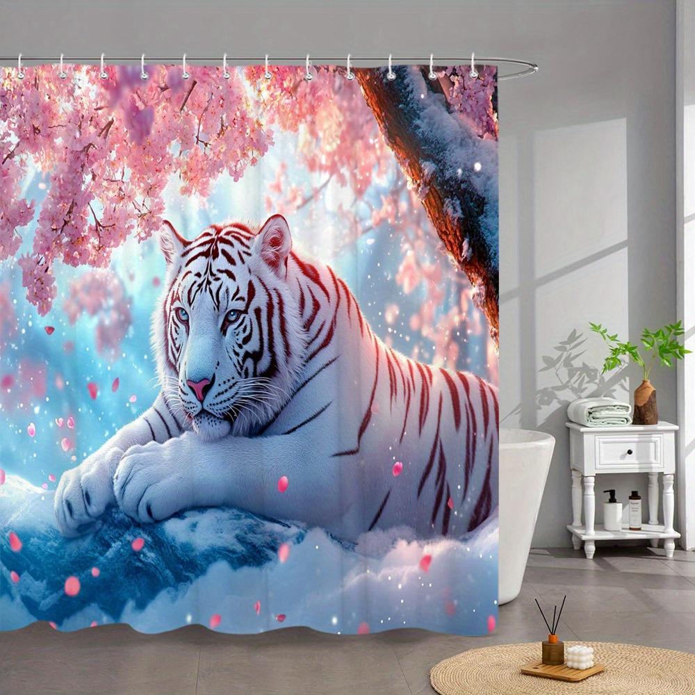 Majestic White Tiger Shower Curtain - Snowy Rock, Pink Cherry Blossoms, Soft Pastel Sky, Fantasy-Elegant Design