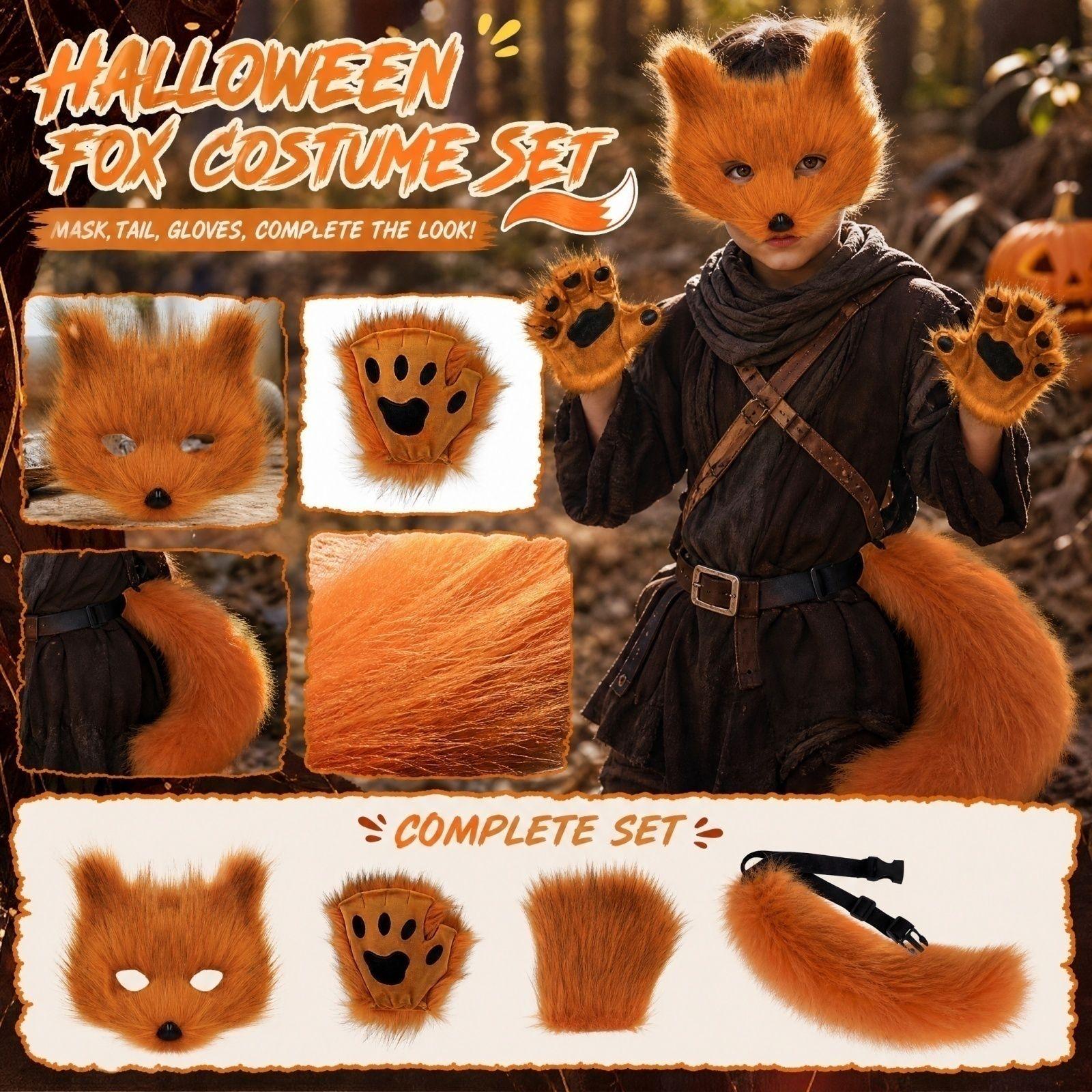 Halloween Costume Set with Plush Tail Animal and Gloves for Role Playing One Size кофейный