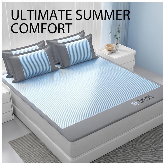 1.5/1.8m 3-Piece Fitted Ice Silk Cooling Mat Set with 2 Pillowcases, Antibacterial Machine Washable Soft Bedding for Summer Home and Dorm