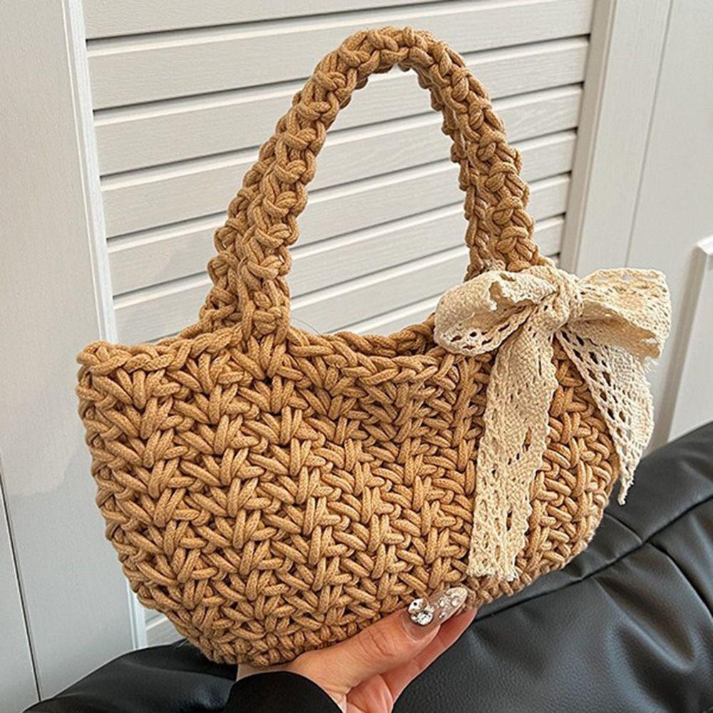 Lace Bowknot Beach Straw Bag Large Capacity Bucket Bag Trendy Braided Underarm Bag  Travel