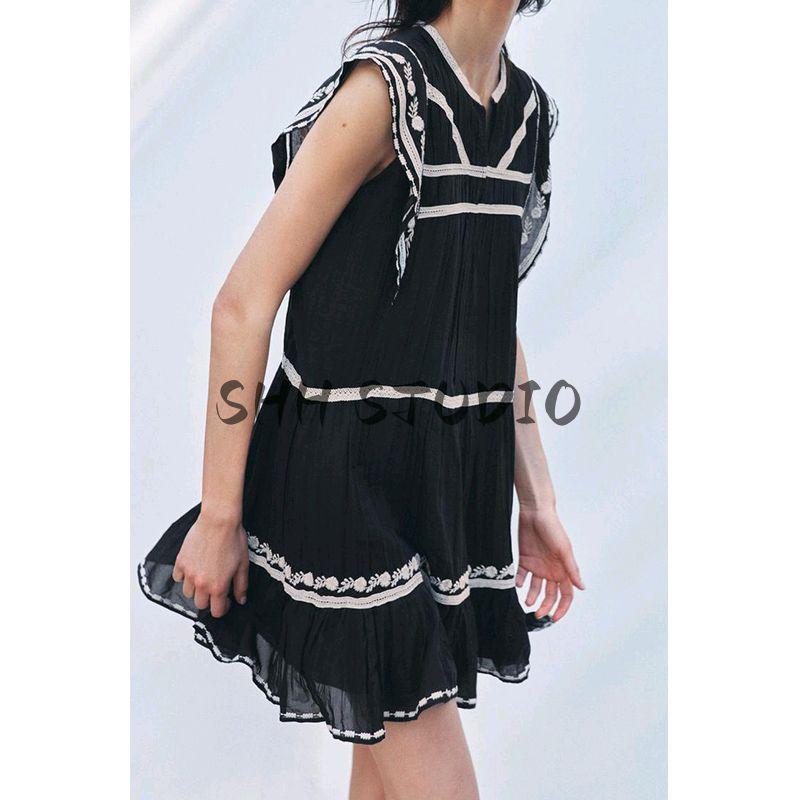 Spring and Summer New Women's Clothing Cotton round Neck Laminated Decoration Contrast Color Embroider Sleeveless Dress 5107049