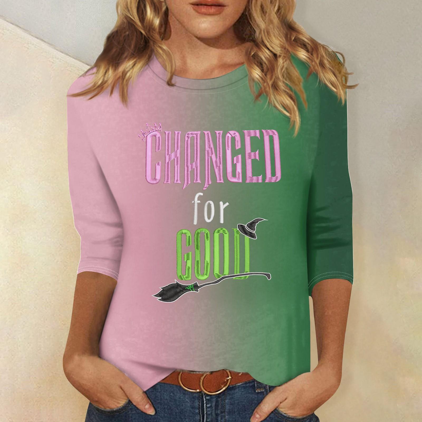

Women s Fashion Casual Seven Sleeve Bad Witch Printed Round Neck T-Shirt Top XXL рожевий