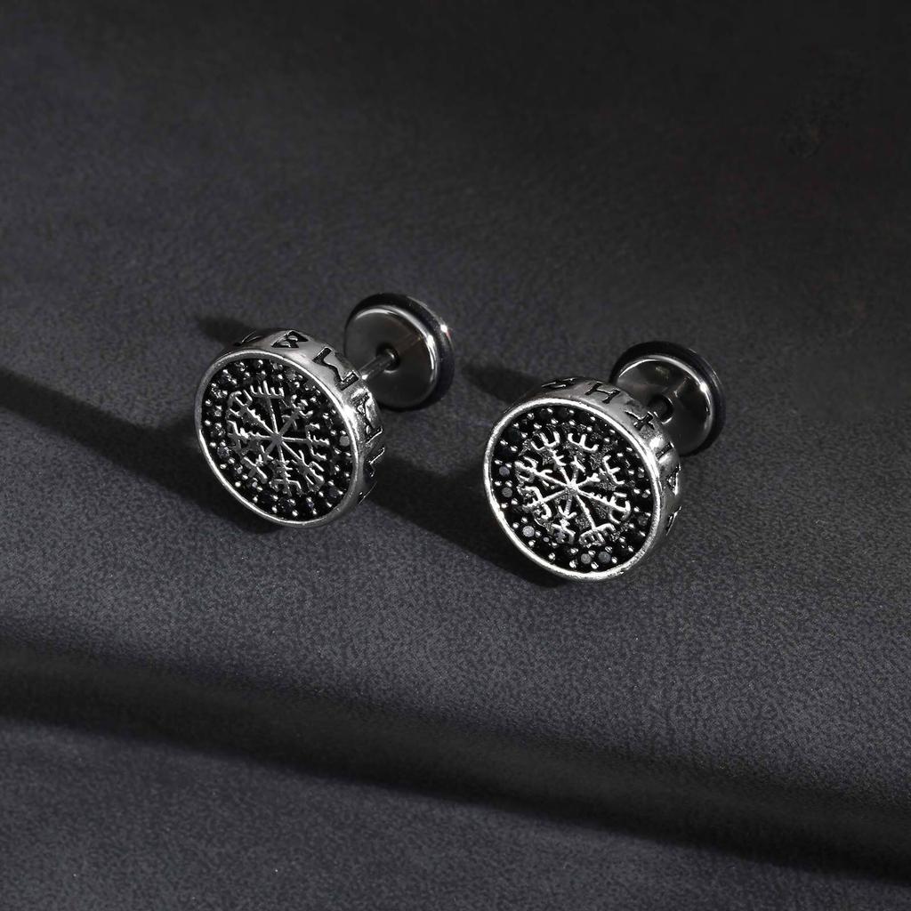 Vnox Viking Compass Zircon Stud Earrings, Copper Metal White Gold Plated Spiral Ear Post, Simple Jewelry Gift for Men Boys Him