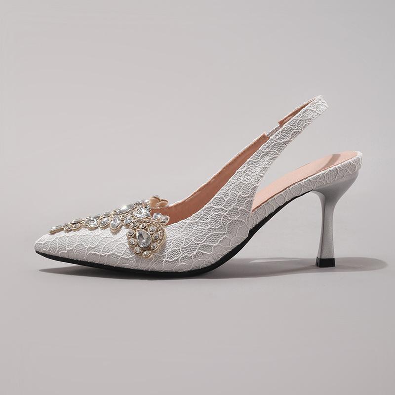 

Rhinestone ladies sexy pointed pearl high heels fabric embroidery glitter gorgeous wedding sandals European and American style 43 серебряный