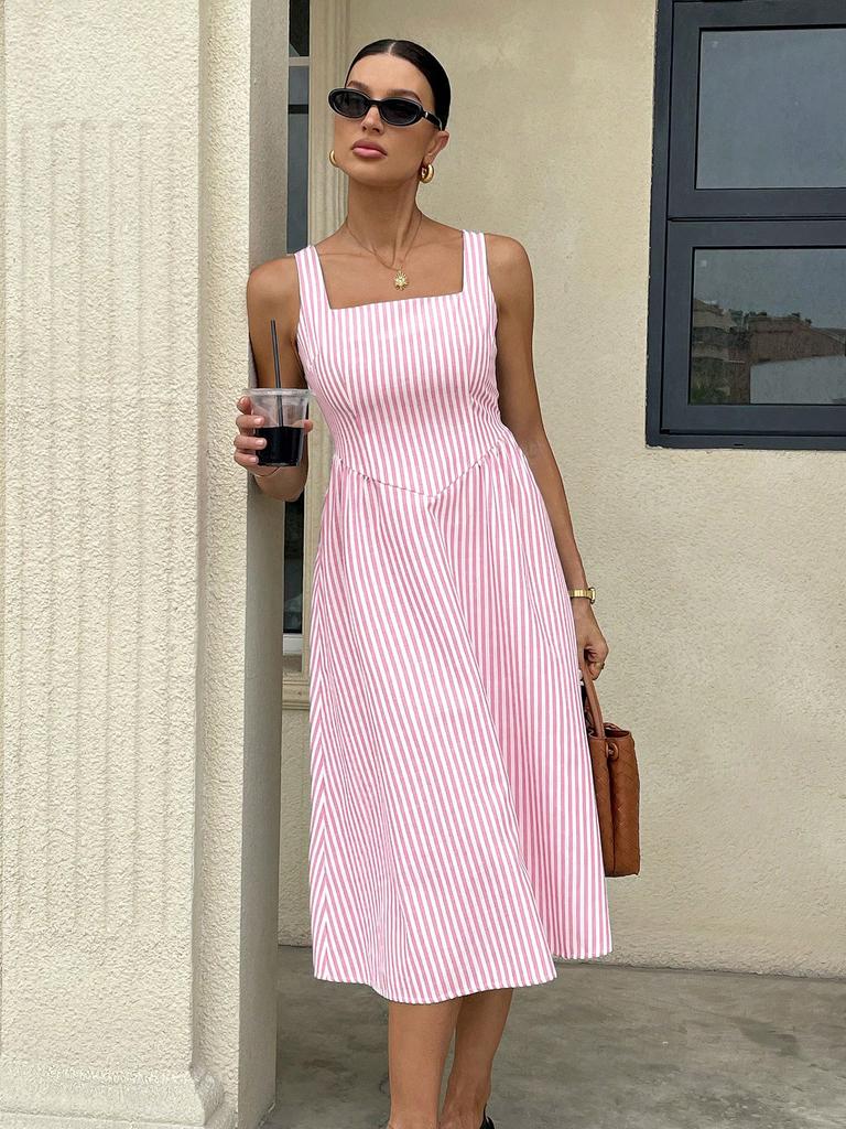 Women's Sleeveless Square Neck Striped Midi Dress