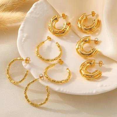 Wind Irregular Plain Ring C-shaped Earrings Temperament Retro Design Copper Material Plated 18k Real Gold Ear Jewelry Spot