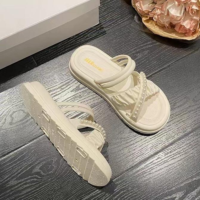 Summer Slippers for Women Fashionable Home Indoor Anti Slip Pearl Casual Beach Shoes