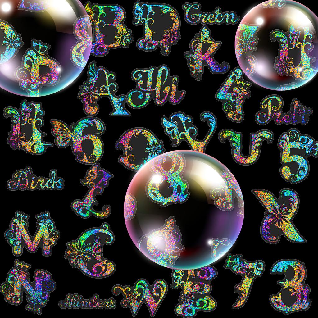 50 Silver Laser Digital Letter Stickers Hand Note Gu Card Stream PET Three-dimensional Laser Silver Colorful Stickers