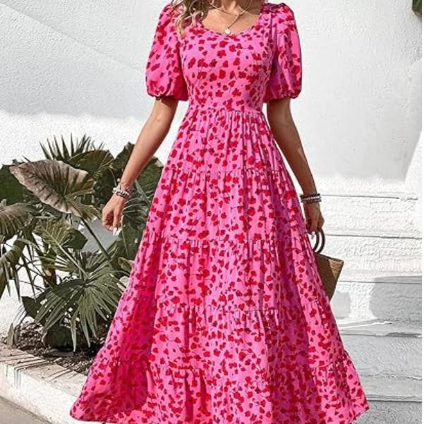 

VEZFAA женские модные летние весенние повседневные платья с цветочным узором и коротким рукавом с v-образным вырезом и высокой талией S розовый