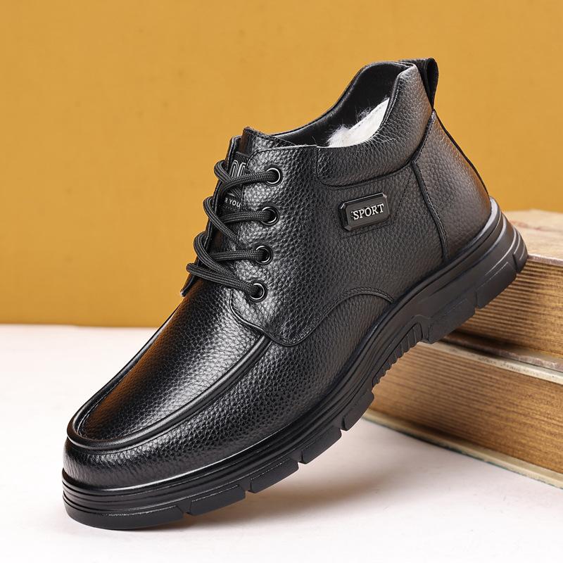 

Autumn and winter leather men s velvet thickened warm cotton shoes snow boots high-top middle-aged dad shoes non-slip men s shoes 44