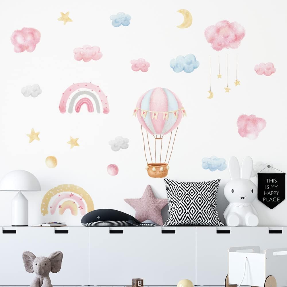 Fanquare Rainbow Hot Air Balloon Wall Decals Pink Clouds Moon Stars Wall Stickers Watercolor Wall Decor for Kids Girls Bedroom Living Room Decor