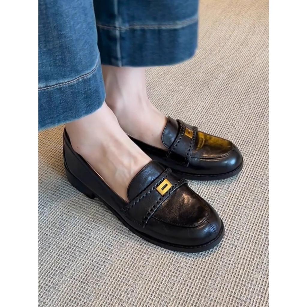 Cowhide Version~ British Style Retro Loafers Metal Buckle One Pedal Round Head Small Leather Shoes Women's Versatile Low-heeled Single Shoes