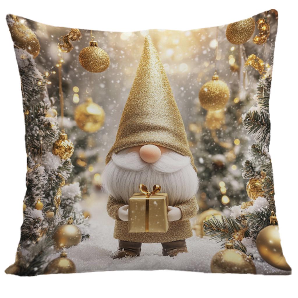 Christmas Pillowcase - Gold Snowman, Gnome, Reindeer Print Pillow Cushion