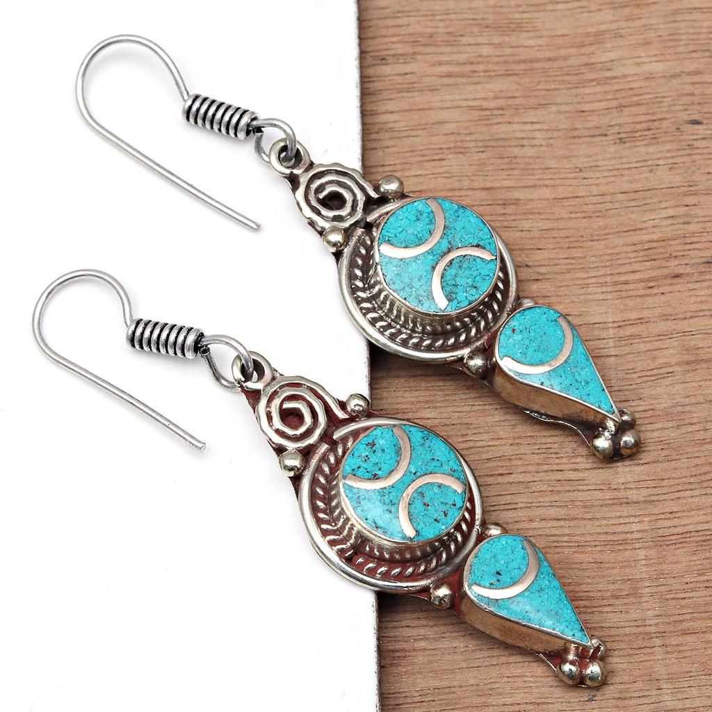 Tibetan Turquoise Lapis Lazuli Nepali Earrings Handmade Jewelry Coral Tribal