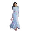 2026 Floral Print High-Waist Fitted Midi Dress With Ruffle Mermaid Hem Long Sleeves