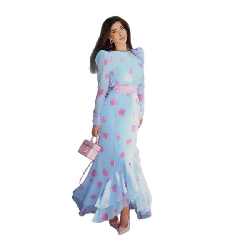 2026 Floral Print High-Waist Fitted Midi Dress With Ruffle Mermaid Hem Long Sleeves