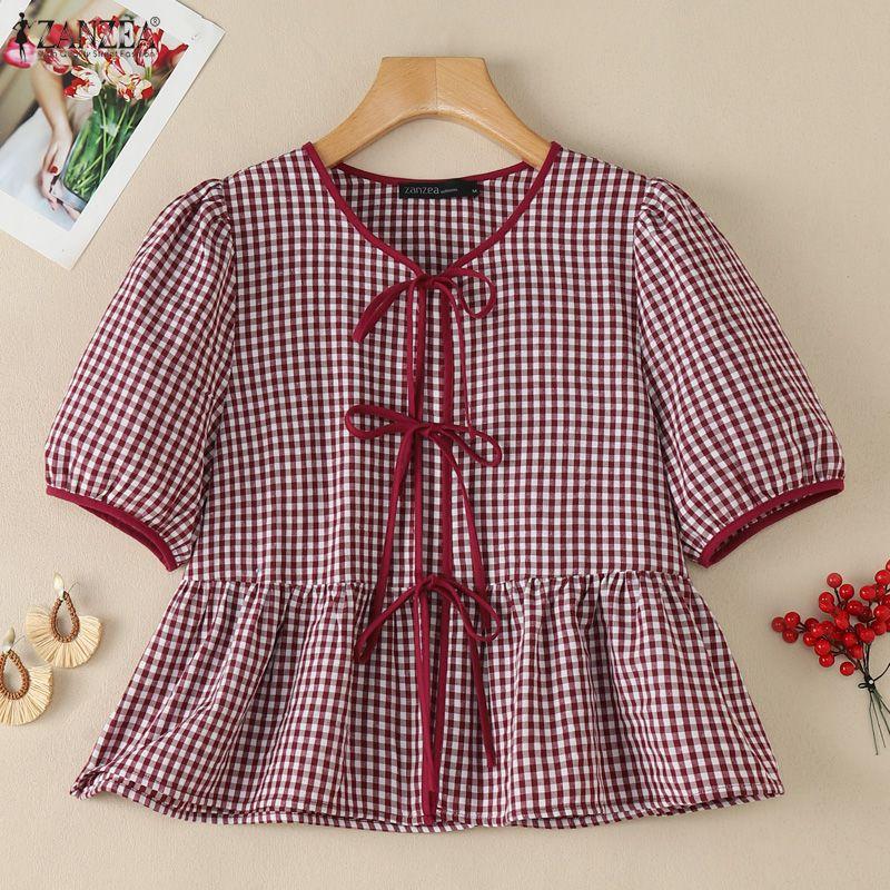 ZANZEA Women Plaid Print Casual Round Neck Short Sleeve Blouse