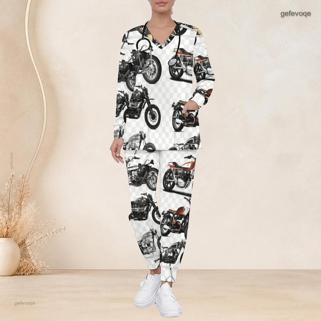 Conjunto de Uniforme de Enfermera para Mujer Tallas Grandes Cuello en V Manga Larga Estampado Patriótico Águila Calva Vintage