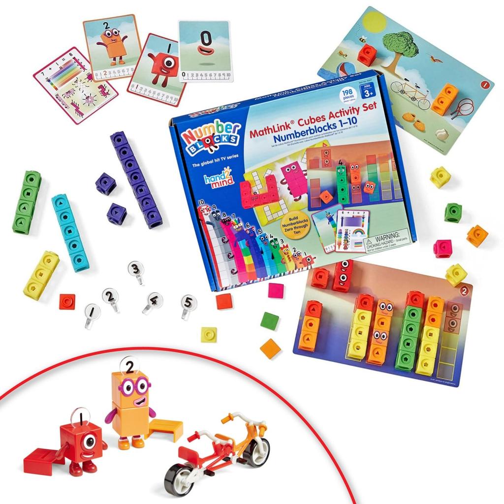 [Amazon Exclusive] Numberblocks 2-Piece Set: Mathlink Cube Math Activity Set (1-10) + One and Two Bike Adventure Character Figure. Authentic Math Toy.