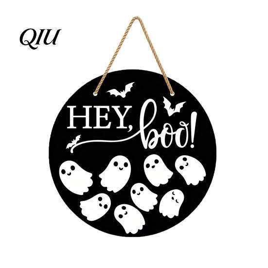 Halloween Welcome Sign Hanging Door Sign, Wooden Front Hanger Wreath, Cute Decoration Ghost for Porch Wall Indoor Home Party