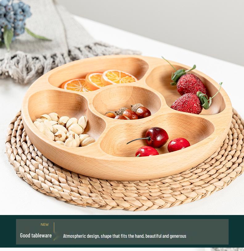 Japanese Style Solid Wood Round Fruit Plate with Five Compartments - Ideal for Snacks and Dried Fruit