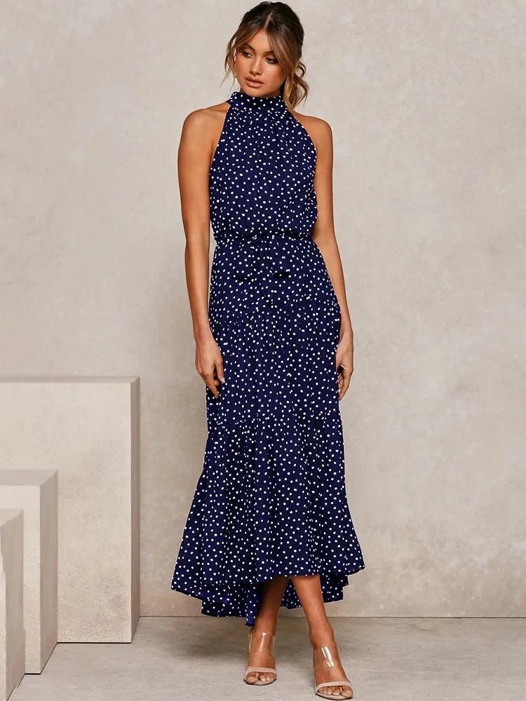 Women's long dress popular new neck polka dot printing lace-up dress