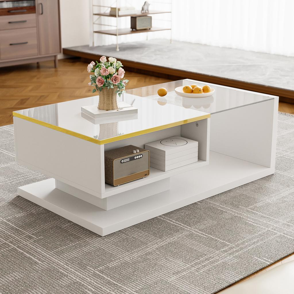 90 cm Langer Couchtisch, Hochglanz Weiß. Beistelltische, Couchtische mit Glas und LED-Effekt