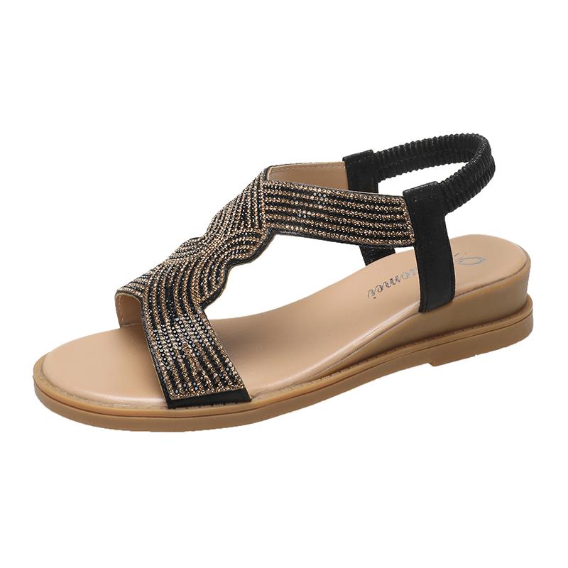 2024 летние новые дизайнерские сандалии на платформе женская мода повседневная римская обувь женские однотонные сандалии с кристаллами 35 чёрный 1598₽