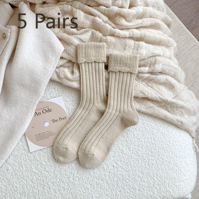 5 Pairs of Thick Woolen Socks for Women, Winter Warmth, Solid Color Long Tube Pile Socks, Warm Fleece Women's Socks